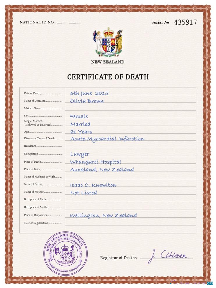 Download New Zealand vital record death certificate PSD template Photoshop template